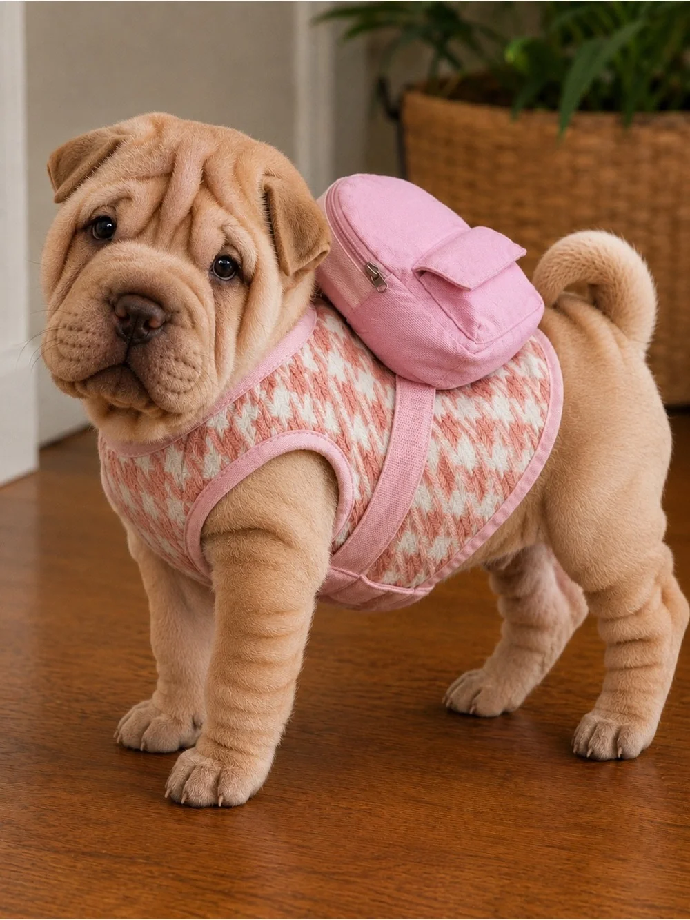 Zack & Zoey XXS Pink Houndstooth Dog Harness Vest + Mini Backpack Set